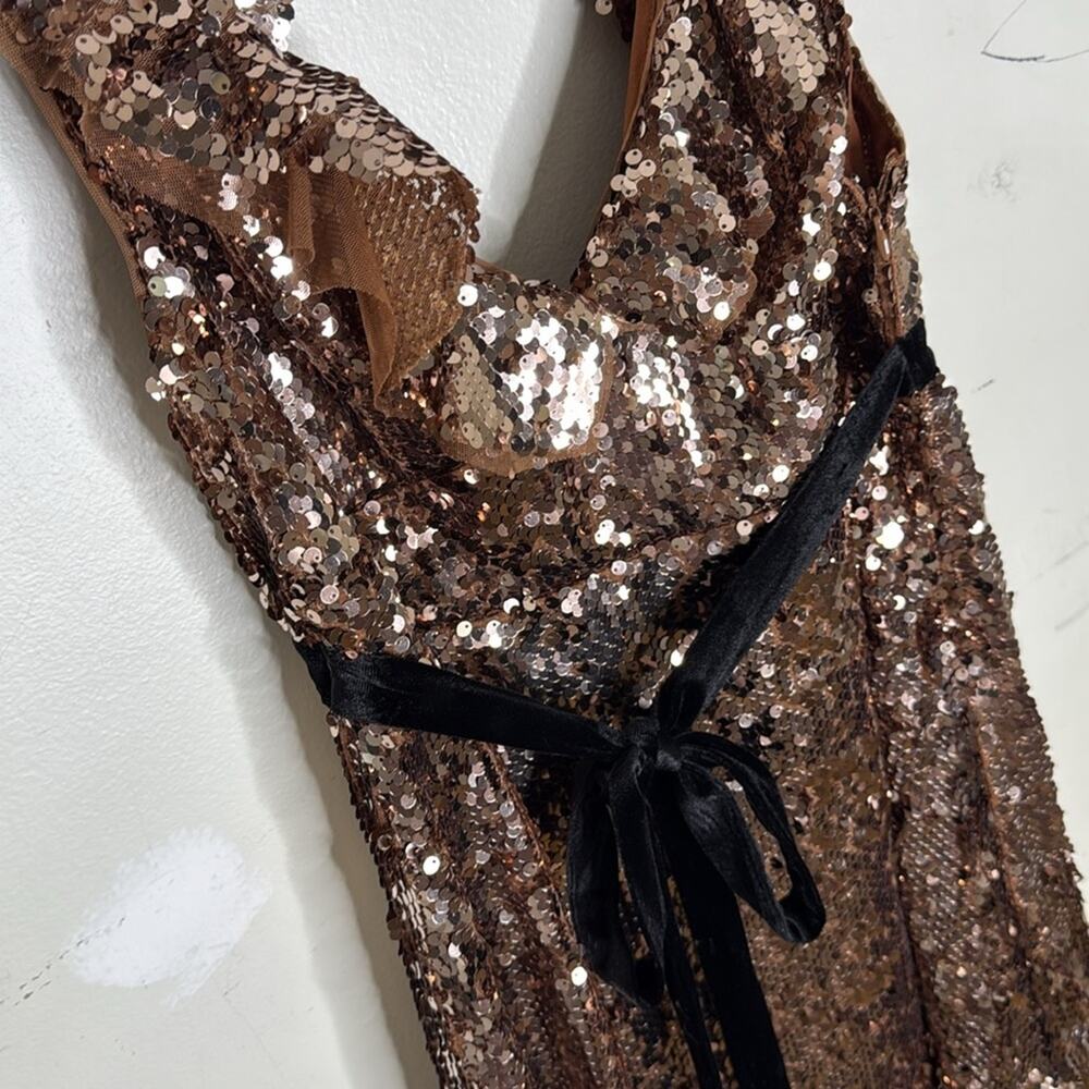 Free People Tribeca Bronze Sequin Ruffle Detail Black Ribbon Dress Small NEW! - Picture 2 of 5